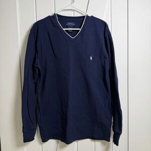 Polo Ralph Lauren Waffle Knit Shirt V Neck Men's Size Large Blue Thermal Cotton